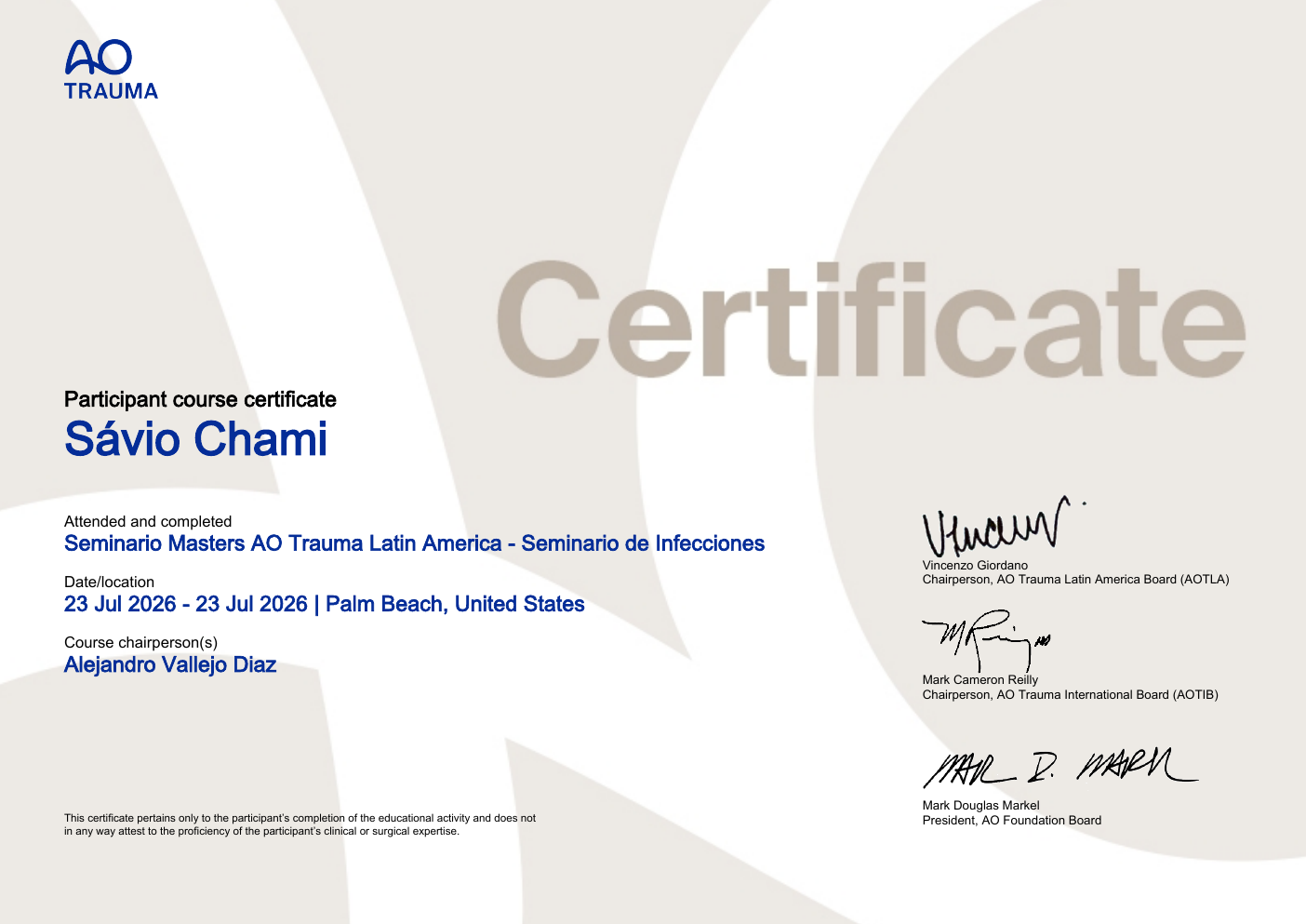 Certificado internacional AO Trauma Masters do Dr. Sávio Chami sobre infecções, Palm Beach, Estados Unidos, julho de 2026