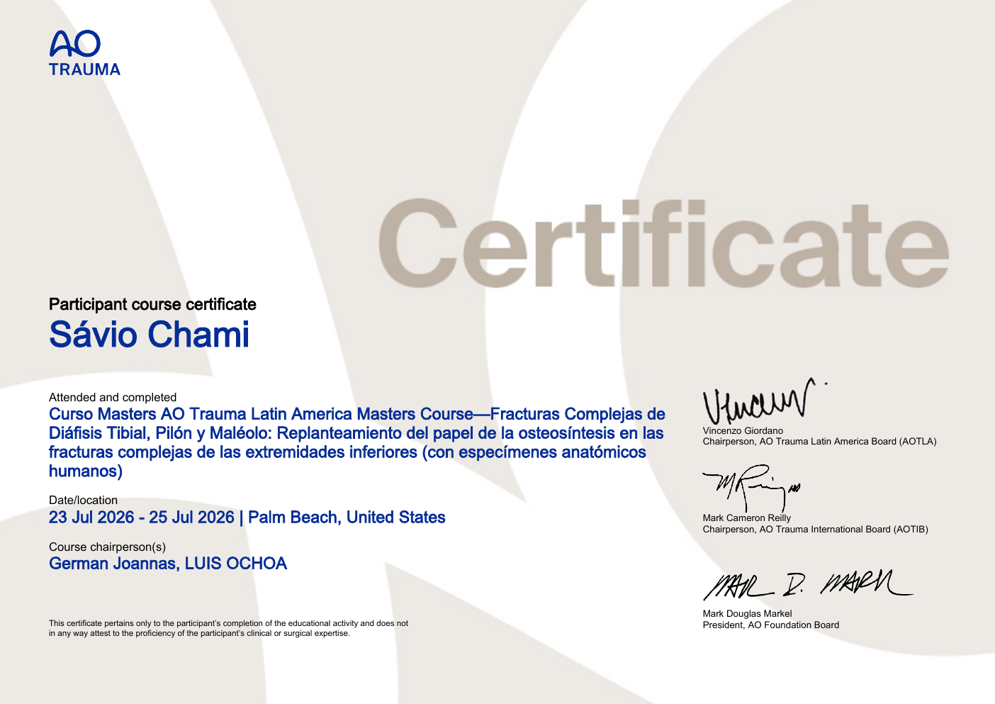 Certificado internacional AO Trauma Masters do Dr. Sávio Chami sobre fraturas complexas da tíbia, pilão tibial e maléolo, Palm Beach, Estados Unidos, julho de 2026