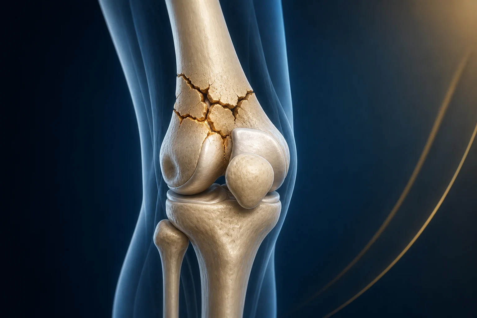 Ilustração anatômica educativa de fratura do fêmur distal