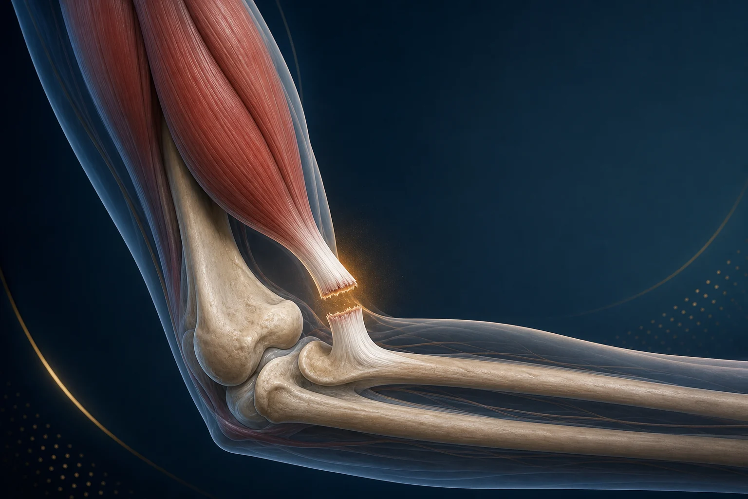 Ilustração anatômica educativa de lesão do tendão do bíceps distal