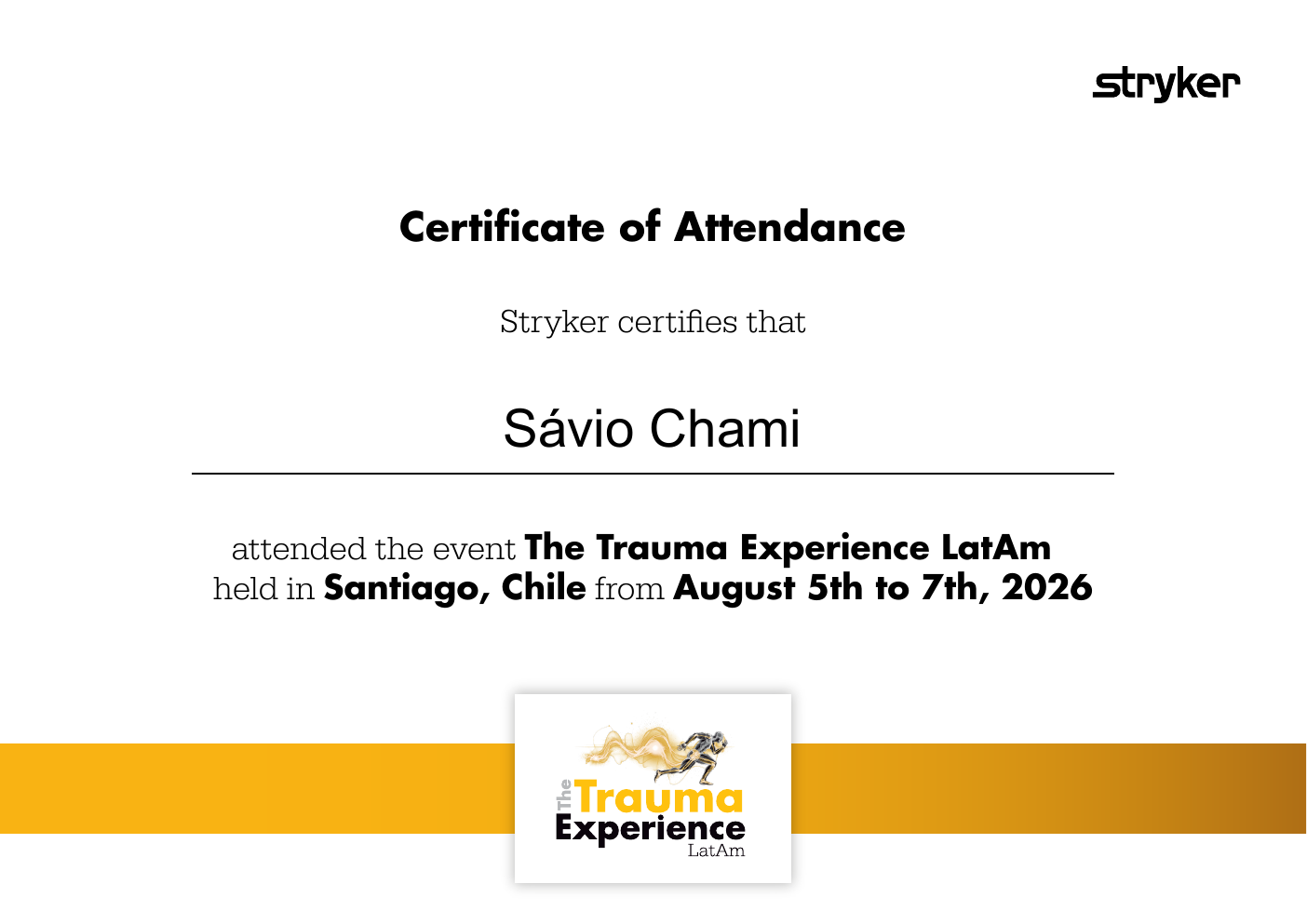 Certificado internacional do Dr. Sávio Chami no The Trauma Experience LatAm da Stryker, Santiago, Chile, agosto de 2026